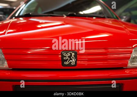 Rotes Peugeot-Abzeichen mit Chromgrill und glänzender Haube, Showroom Lighting Reflecting on Polized Lint, Warschau, Polen 29-01-2026 Stockfoto