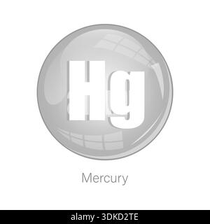 Quecksilber-Metall-Symbol. Hg-Symboltext. Silberner Kugelvektor. Rundes Hochglanzabzeichen Stock Vektor