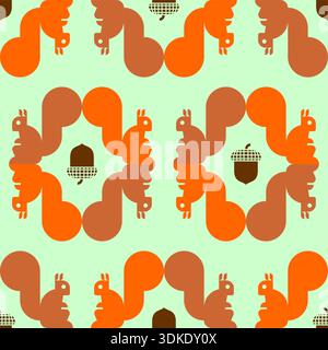 Muster mit orangefarbenen Eichhörnchen und braunen Eicheln auf hellgrünem Hintergrund. Dekoratives Herbstschmuck für Textildrucke, Tapeten, Natur-sie Stock Vektor