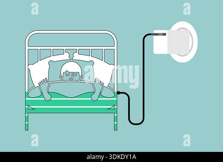 Person, die in einem Krankenhausbett liegt, verbunden mit einem Ladekabel, symbolisiert Energierückgewinnung und medizinische Heilung. Das Konzept der 'aufladenden' Gesundheit, Clinica Stock Vektor