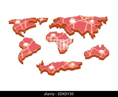Rohe Rindersteaks in der Form der Kontinente bilden eine geografische Weltkarte. Illustration des globalen Fleischmarktes, des internationalen Lebensmittelhandels und der Welt Stock Vektor