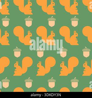 Muster mit orangefarbenen Eichhörnchen und braunen Eicheln auf gedämpftem grünem Hintergrund. Warme Herbstbaumschmuck für Textildrucke, saisonale Tapeten, Stock Vektor