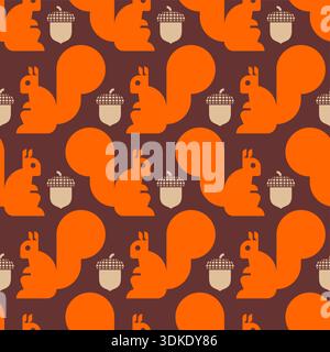 Muster mit orangefarbenen Eichhörnchen und Eicheln auf dunkelbraunem Hintergrund. Warme Herbstbaumschmuck für gemütliche Textildrucke, saisonale Tapeten, an Stock Vektor