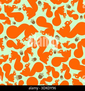Muster mit orangefarbenen Eichhörnchen und braunen Eicheln auf hellgrünem Hintergrund. Warme Herbstbaumschmuck für Textildrucke, Tapeten und Saison Stock Vektor