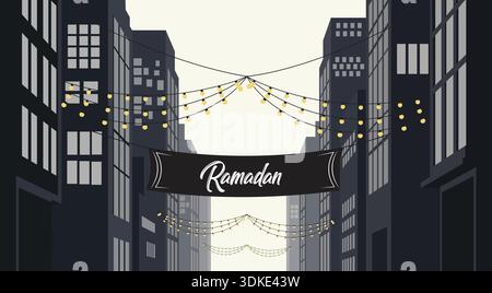 Dekoration des städtischen Ramadan Festivals mit Hängeleuchten und Banner zur Feier der Ankunft im Heiligen Monat Stock Vektor
