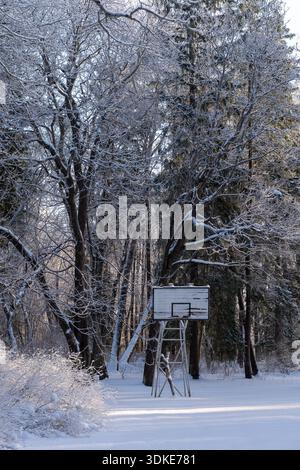 Verlassener Basketballplatz im Freien im Winter, umgeben von schneebedeckten Bäumen. Leerer Basketballkorb und Rückenbrett in der kalten saisonalen Landschaft. Stockfoto