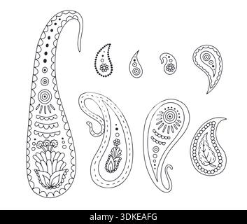 Satz von schwarz-weißen handgezeichneten Paisley-Linien-Kunstmotiven isoliert auf weißem Hintergrund Stock Vektor