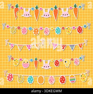 Süße Osterbuntset mit Häschen, Eiern, Hühnern und Blumen, bunte Frühlingsfahnen für Kinder und Babymotive Stock Vektor
