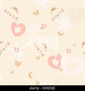 Boho nahtlose Muster pastellfarbene Herzen, Sterne, Monde und abstrakte Scribble-Elemente Stock Vektor