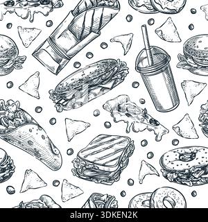 Nahtloses Streetfood-Muster. Vektor handgezeichnete Skizze Illustration von Getränken und Snacks. Design für Café- oder Bar-Menü, Druck, Take-away-Paket, Wrappi Stock Vektor