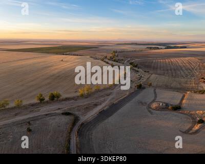 Goldener Sonnenuntergang über rollendem Ackerland mit Schotterstraße und Feldern, Blick aus der Vogelperspektive auf die ländliche Landschaft, Alaejos, Kastilien und Leon, Spanien Stockfoto