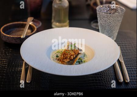 Elegantes Fischgericht mit dezenten goldenen Garnituren, serviert in einer eleganten Restaurant-Atmosphäre. Stockfoto