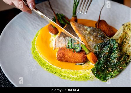 Nahaufnahme eines wunderschön überzogenen Fischgerichts mit goldener Garnitur, serviert in einem gehobenen Ambiente. Stockfoto