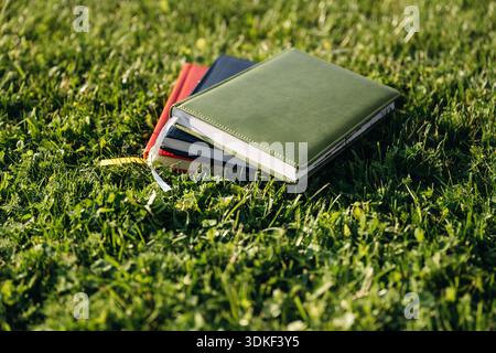 Notizblöcke auf dem grünen Gras, Nahansicht. Stockfoto