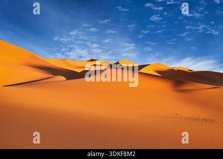 Wunderschöne Landschaft mit Sanddünen und blauem Himmel bei Sonnenuntergang in der Sahara in Algerien Stockfoto