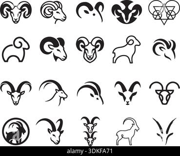 Set mit stilisierten Widderabbildungen in Schwarzweiß. Sie eignen sich perfekt für Logodesign, Projekte mit Tiermotiven, Ikone, Symbol, Emblem, Branding oder t Stock Vektor