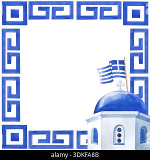 Ein quadratischer Rahmen mit einem traditionellen griechischen Ornament und ein Tempel mit einer blauen Kuppel und einer gestreiften Flagge. Aquarellabbildung mit nationalen Elementen in Stockfoto
