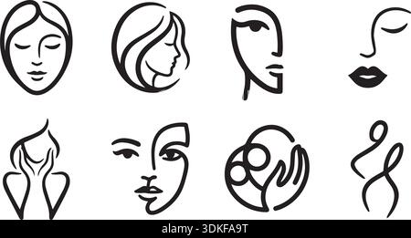 Diese markanten Designs bestehen aus verschiedenen symbolischen Bildern, die durch zarte Linien erzeugt werden. Die Designs heben sich bei jedem Ausdruck von einem klaren Hintergrund ab Stock Vektor