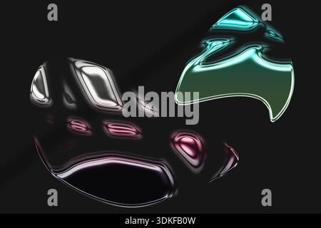 Ein dunkler Hintergrund mit zwei abstrakten, flüssigen Formen. Eine Form ist dunkel mit rosa und lila Akzenten, während die andere in hellem Petrol gehalten ist Stockfoto