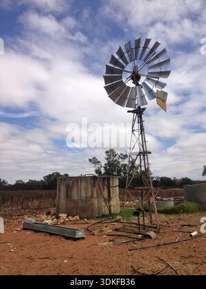 Traditionelle Windmühle und Wassertank auf ländlichem Ackerland – Western Australia, Australien Stockfoto