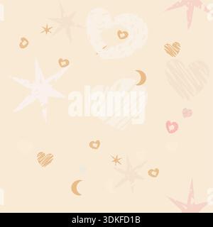 Boho nahtlose Muster pastellfarbene Herzen, Sterne, Monde und abstrakte Scribble-Elemente Stock Vektor