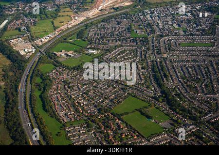 Luftaufnahme der Wohnsiedlung in der Nähe von Birmingham, Warwickshire, Großbritannien Stockfoto