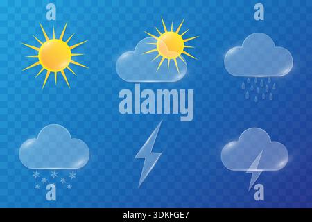 Glassmorphismus Wettersymbole mit transparenten glänzenden Tasten Vektor-Illustration. Stock Vektor