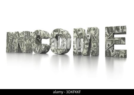 3D-Darstellung von EINKOMMENSWORTEN, umwickelt mit 100-USD-Banknoten auf weißem Hintergrund Stockfoto