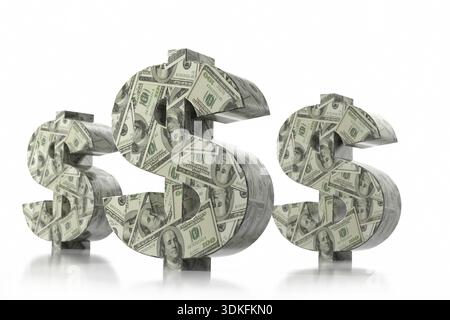 3D-Rendering von drei USD-Währungssymbolen, umwickelt mit 100 USD-Banknoten auf weißem Hintergrund Stockfoto