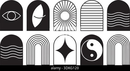 Satz von esoterischen Schwarzweiß-Symbolen. Verwenden Sie diese geometrischen Augen-, Sonnen- und Wellenmuster für Tätowierungen, Branding, mystische Konzepte, T-Shirts, Wandbilder, Unternehmen Stock Vektor