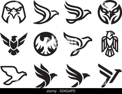 Sammlung von Falken-Symbolen für Logo-Design und Branding. Hawk Vogel Embleme Silhouette Set. Eagle-Logos für Unternehmensidentität und Branding. Moderne M Stock Vektor