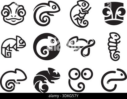 Kollektion von Chamäleon-Symbolen für Logo-Design und Branding. Eidechsenembleme Silhouette Set. Reptilien-Logotypen für Unternehmensidentität und Branding. Modern Stock Vektor
