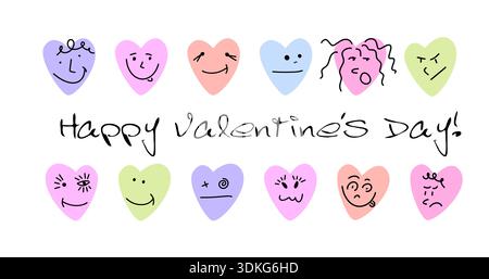 Alles Gute zum Valentinstag. Grooviger Charakter, schöne Herzen. Love-Konzept. Handgezeichnet. Nicht AI, Vektordarstellung. Stock Vektor