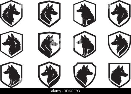 Satz von Wolf Logo Schild Emblems Vektor-Sammlung für Branding und Sicherheitsdesign Projekt. Enthält das Symbol für den Wolfskopf und die Silhouette. Modernes Logo Stock Vektor