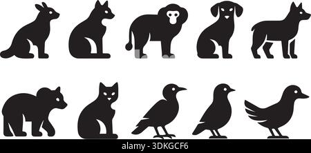Verschiedene Tiere Silhouette mit Vektorkunst. Ikonen von Wildtieren, einschließlich Zoo-Fauna und Säugetiere. Mit Vogelset, perfekt für verschiedene Stock Vektor