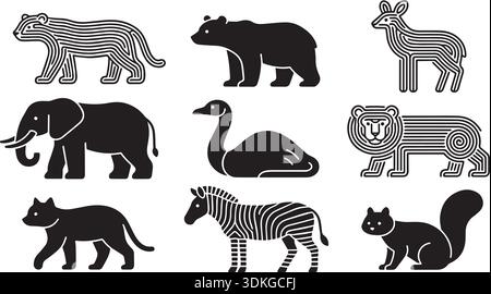 Kreatives Tiersymbol-Set mit verschiedenen Tieren, darunter Tigerwild Elefanten Schwan Eichhörnchen Zebra. Diese Illustrationen sind perfekt zum Branding von c Stock Vektor