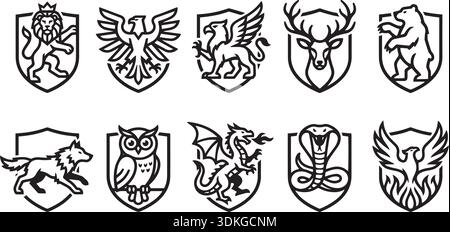 Set von Tier-Logo-Schild-Emblemen Vektorkollektion für Branding und heraldisches Design-Projekt. Enthält Löwenadler greif Hirsch Bär Wolf Eulen Drachen Co Stock Vektor