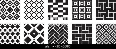 Sammlung geometrischer Muster mit nahtlosen Hintergründen. Schwarze quadratische und rautenförmige Formen schaffen ein modernes und auffälliges Design Stock Vektor