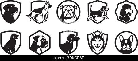 Kollektion von Silhouetten für Hunderassen für Logo-Design. Einschließlich labrador, Schäferhund, Bulldogge, Beagle, Pudel, Dackel, Boxer, Husky und französisch Stock Vektor