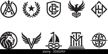 Set mit heraldischen Logo-Designvorlagen. Enthält Anfangsbuchstaben, Embleme, Stern, Lorbeerkranz, Schild und Adlerformen zum Design des Firmenlogos vecto Stock Vektor