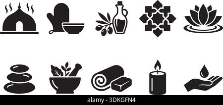 Sammlung von Vektor-Spa- und Wellness-Elementen für Massage, Schönheit und Entspannung. Line Art Ikonen mit Lotus, Kerze, Steinen, Öl, Seife, Handtuch, Mo Stock Vektor