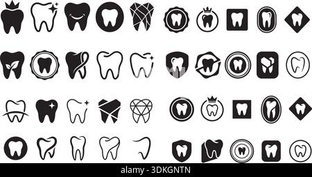 Dies ist eine Dentalvektor-Illustration, die eine Sammlung verschiedener Zahnformen in Schwarz-weiß zeigt. Perfekt für zahnärztliche und kieferorthopädische Designs, und Stock Vektor