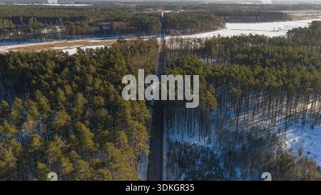 Gerade Luftstraße durchschneidet im Winter einen Nadelwald in Polen. Lange Baumschatten überqueren den Schnee, während weiches Nachmittagslicht die Baumkronen erwärmt und die Straße sich zurückzieht Stockfoto