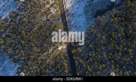 Aus der Vogelperspektive eines schneebedeckten Nadelwaldes in Polen, der von einer dunklen Asphaltstraße geteilt wird. Die tiefere Wintersonne wirft lange Schatten über blaues Schnee i Stockfoto
