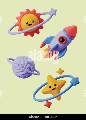 Fröhliche Vektor-Illustration eines skurrilen Weltraumabenteuers: Lächelnde Sonne, Stern, beringter Planet und fliegende Rakete. Stock Vektor