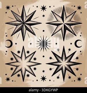 Vintage Himmlische Stern- und Monddesign-Elemente auf strukturiertem Hintergrund, handgezeichnetes mystisches Astrologisches Symbol Illustrationsset Stock Vektor