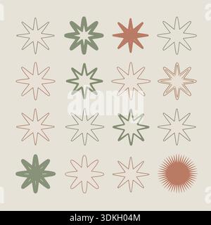Anordnung abstrakter Starburst- und Sonnenformen mit welligen Umrissen, Illustration in Erdtönen, minimalistischen grafischen Designelementen Stock Vektor