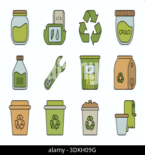 Eine Reihe von Symbolen für ökologische Nachhaltigkeit und Recycling mit umweltfreundlichen Behältern, Werkzeugen und Symbolen für ökologische Praktiken Stock Vektor