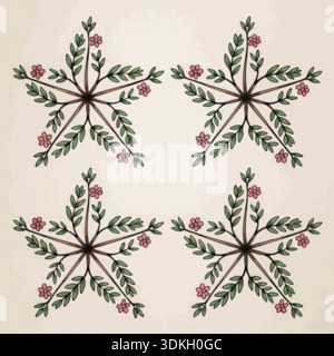 Elegante, sich wiederholende botanische Sternmuster-Illustration mit zarten rosa Blumen und grünen Blättern, ein wunderbares dekoratives Naturdesign. Stock Vektor