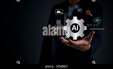 Geschäftsmann hält KI-Gear-Symbol in der Hand Innovation digitale Technologie, künstliche Intelligenz, intelligente Datenanalyse, Zukunftskonzept, Automatisierung, bu Stockfoto